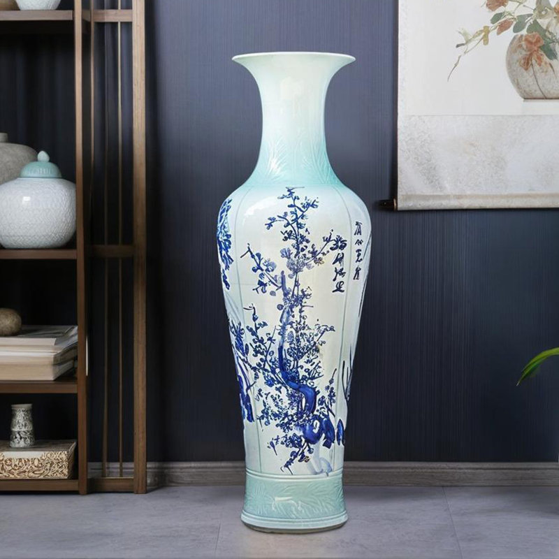 62.99"Jingdezhen ceramic plum blossom and bamboo chrysanthemum floor-standing decorative vase, 62.99" H x 19.69" W x 19.69" D