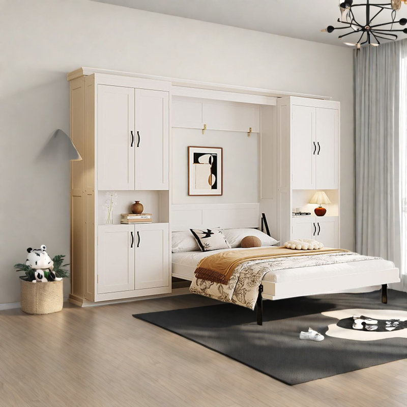 Lit escamotable double gain de place avec rangement, en bois MDF, style moderne blanc pour chambre d'amis