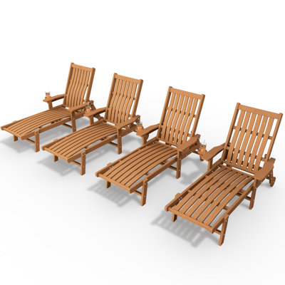Teak Outdoor HDPE Adjustable Reclining Chaise Lounge Chair With Wheels & Cup Holder (Set of 4)