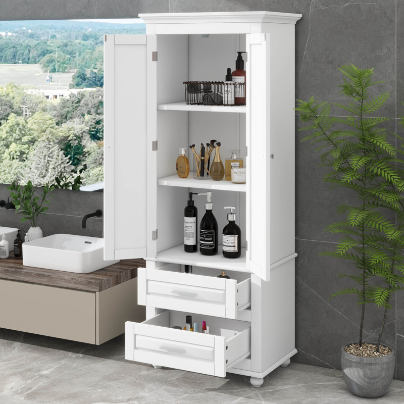 Grande armoire de rangement avec deux tiroirs et une tablette réglable à 3 hauteurs - parfaite pour la salle de bain et le bureau
