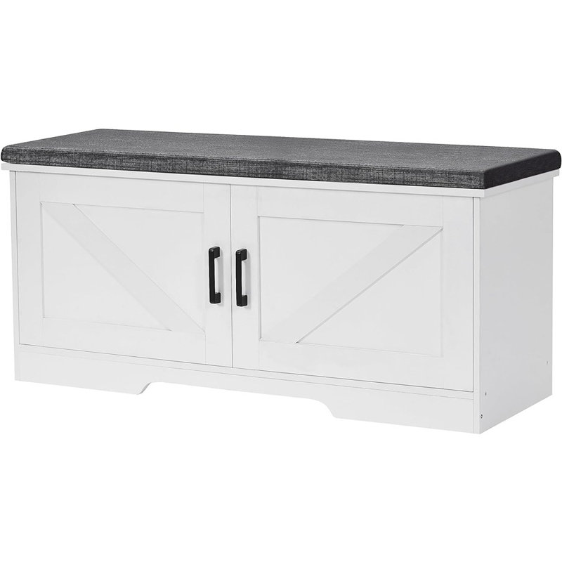 Gracie Oaks 2 Tier Shoe Storage Bench With Padded Seat Cushion, Entryway Bench With 2 Barn Doors, White, Adjustable Shelf, 13.8" D X 39.4" W X 17.7" H