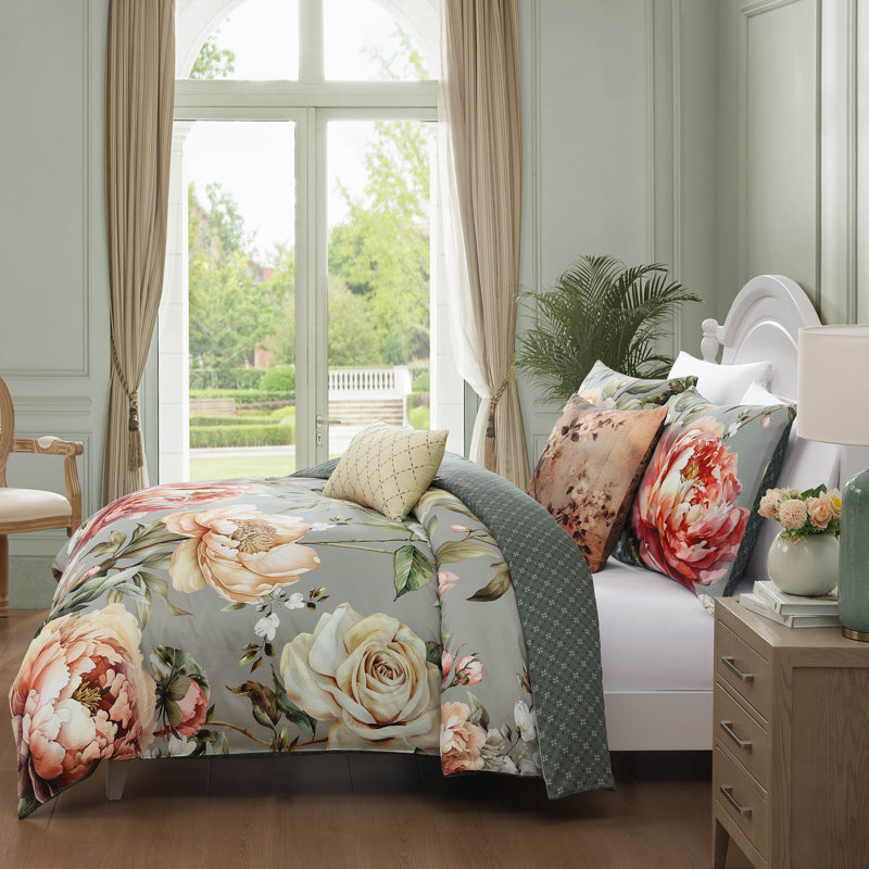 Ensemble d'édredon réversible 100% satin de coton Bebejan Whispering Willows, Édredon de très grand lit et 4 pièces additionn