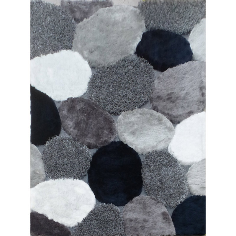 Tapis noir / gris touffeté à la main à motif géométrique, Rectangle 5 pi x 7 pi