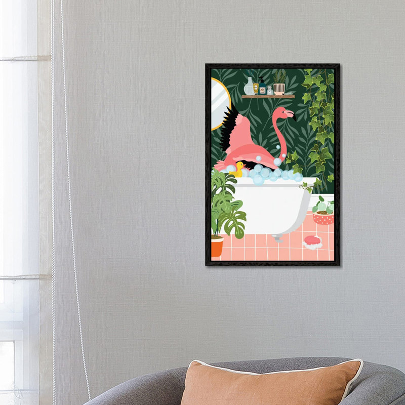 Flamingo Taking A Bath In Botanical Bathroom by Jania Sharipzhanova - Floater Frame Gallery-Wrapped Canvas Giclée on Canvas