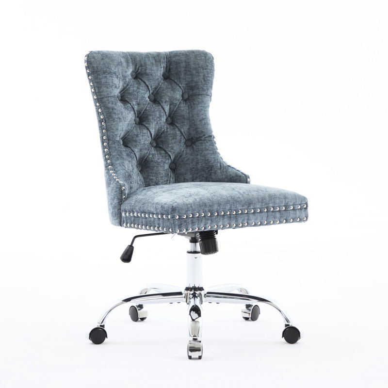 Blue Modern Chenille Upholstered Office Chair, Metal Base, Hand - Crafted Nailhead Trim, Deep Seating, High Rebound Sponge, For Study Pulled Buttons At Back, Wide Sponge