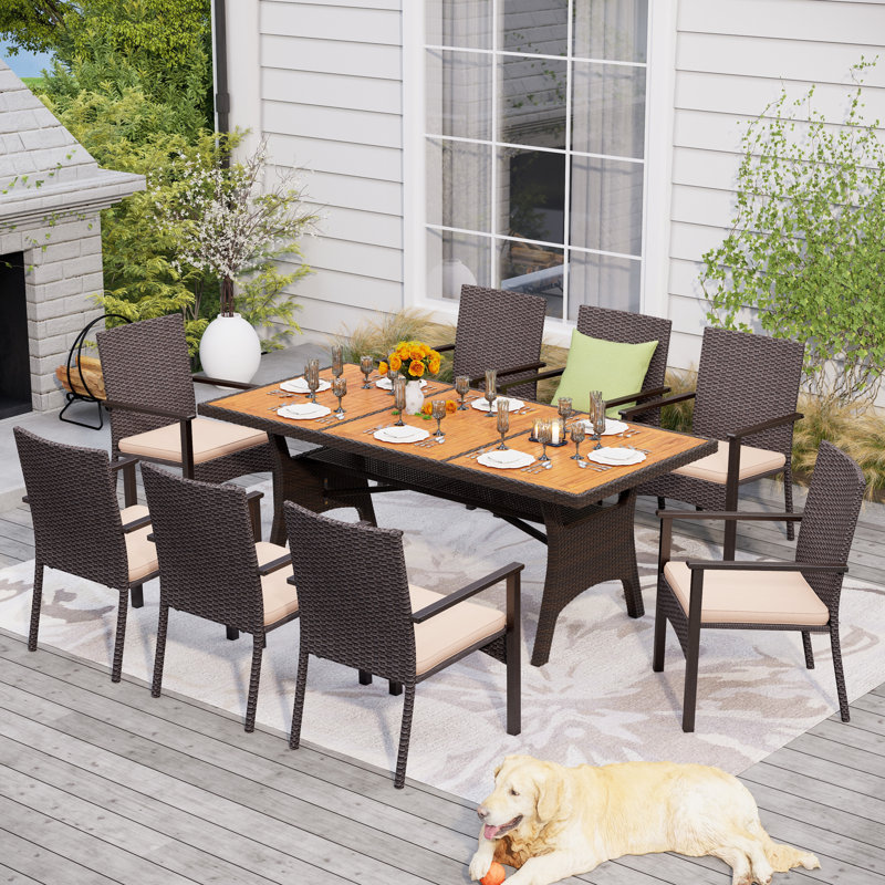Ensemble repas pour 8 personnes avec table rectangulaire en osier et coussins inclus, Beige, 8