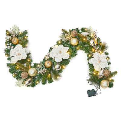 6ft Prelit Christmas Garland with LED Lights Magnolia Gold Ornaments for Mantle