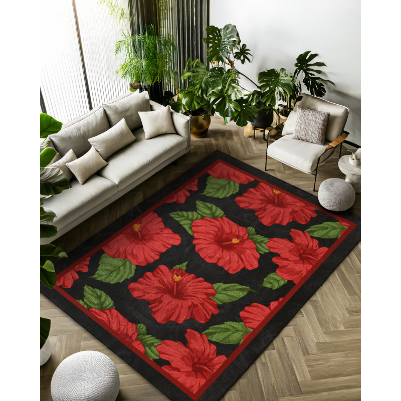 Minas Collection Digital Print Cotton-Polyester Green Red Black Floral Rug, Rectangle 3'4" x 5'