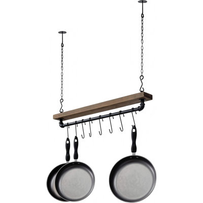 Ceiling or Wall Mounted Pot Rack with Rustic Brown Solid Wood Shelf and Industrial Matte Black Metal Pipe