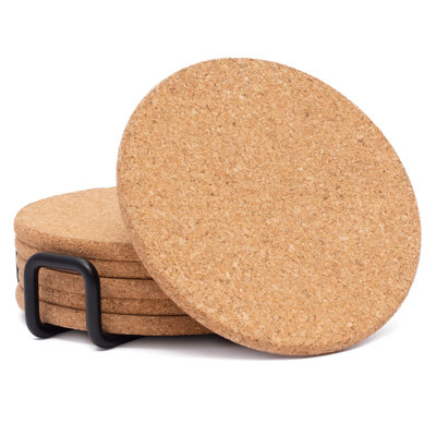 Set Of 6 Thick Cork Coasters In Attractive Black Coaster Holder 4.7" Round