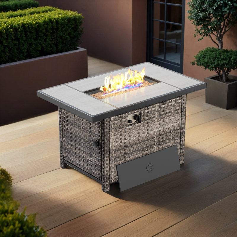 Allcot Wicker/rattan 42" Fire Pit Table With Lid, Grayish Brown