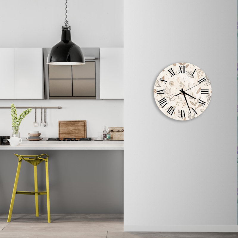 Horloge murale beige en verre trempé floral, décoration murale botanique élégante, idée de cadeau de pendaison de crémaillère unique, horloge murale art moderne, horloge de bureau