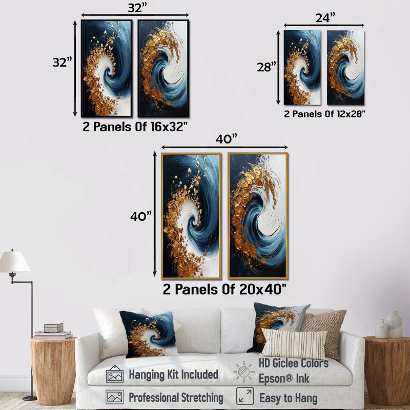«Blue Spiraling Majesty Vortex I», ensemble de 2 pièces d'art abstrait en spirale, H 40 po x l 40 po, Encadrement argenté