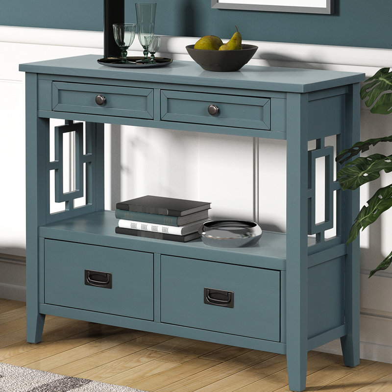 Console avec 4 tiroirs et 1 tablette bleue, tablette de style vintage en pin massif, bleue -