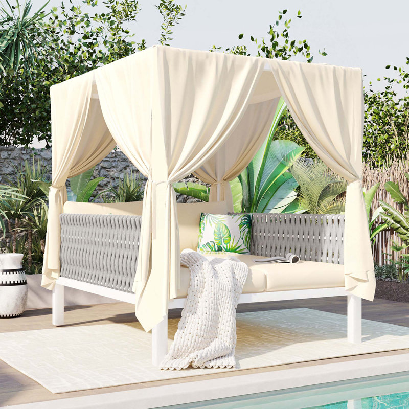 Outdoor Patio Sunbed With Curtains, High Comfort, Suitable For Multiple Scenarios, Beige