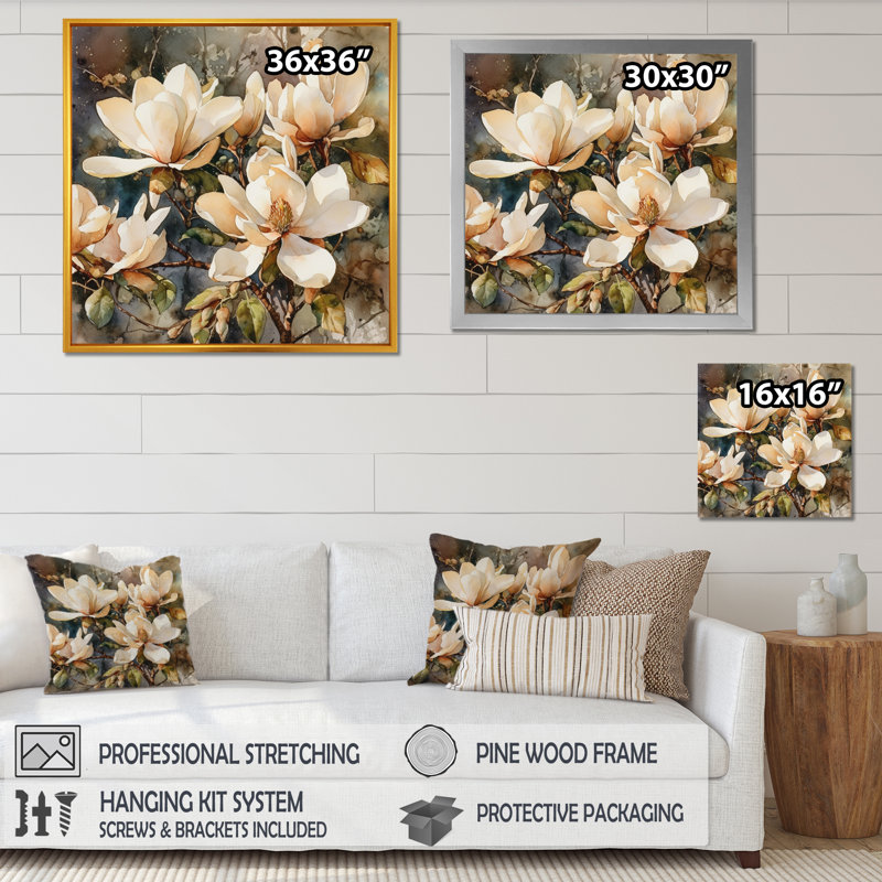 «Cream Magnolia Symphony», reproduction d'art sur toile, Cadre simple noir, H 16 po x l 16 po x P 1 po