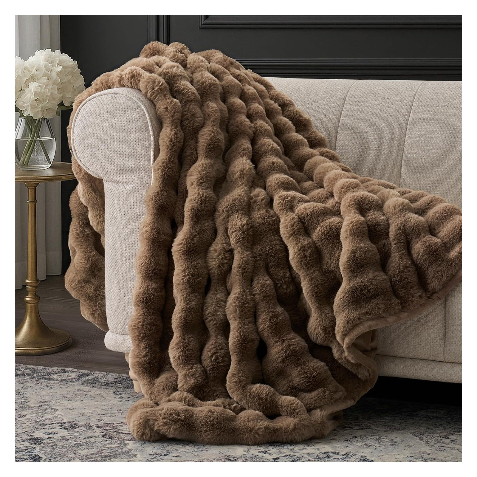 Ridgeline Faux Fur Throw Blanket, Natural Tan, 90" L x 90" W