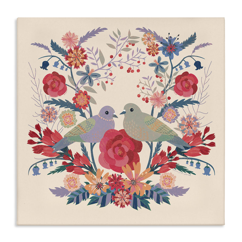 Fleurs et oiseaux symétriques sur toile, design par Verbrugge Watercolor, H 17 po x l 17 po
