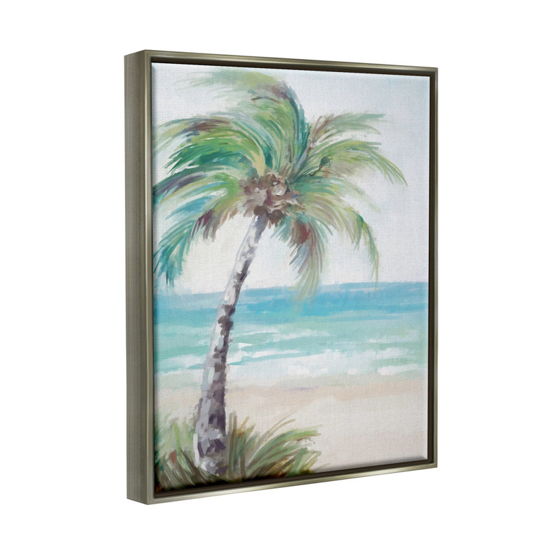 Bb-373 - Palmier doux encadré sur la plage, encadré sur bois par Ziwei Li, peinture, H 20 po x l 16 po, Cadre flottant gris