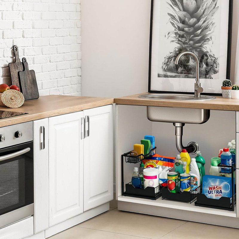 Ensemble de 3 tablettes coulissantes sous-lavabo à 2 niveaux - Armoire de rangement en métal avec panier et tablettes amovibles pour la cuisine et la salle de bain