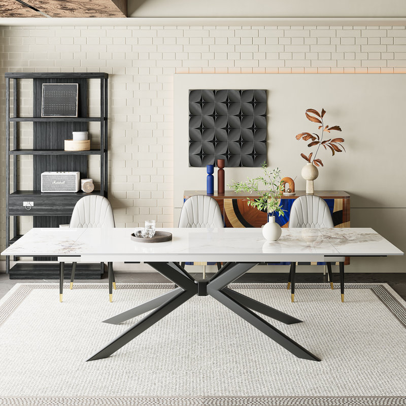 78.74' ' to 110.24' ' rectangular extendable dining table with sintered stone top for 8-12, Blanc Chanel