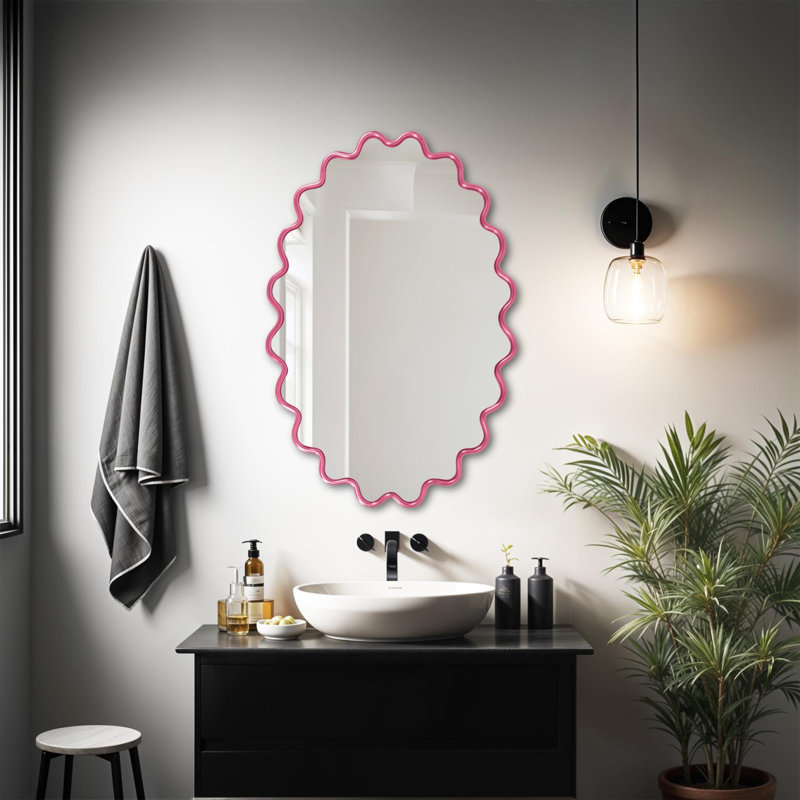 Anders Modern Wavy Framed Oval Wall Mirror, Pink