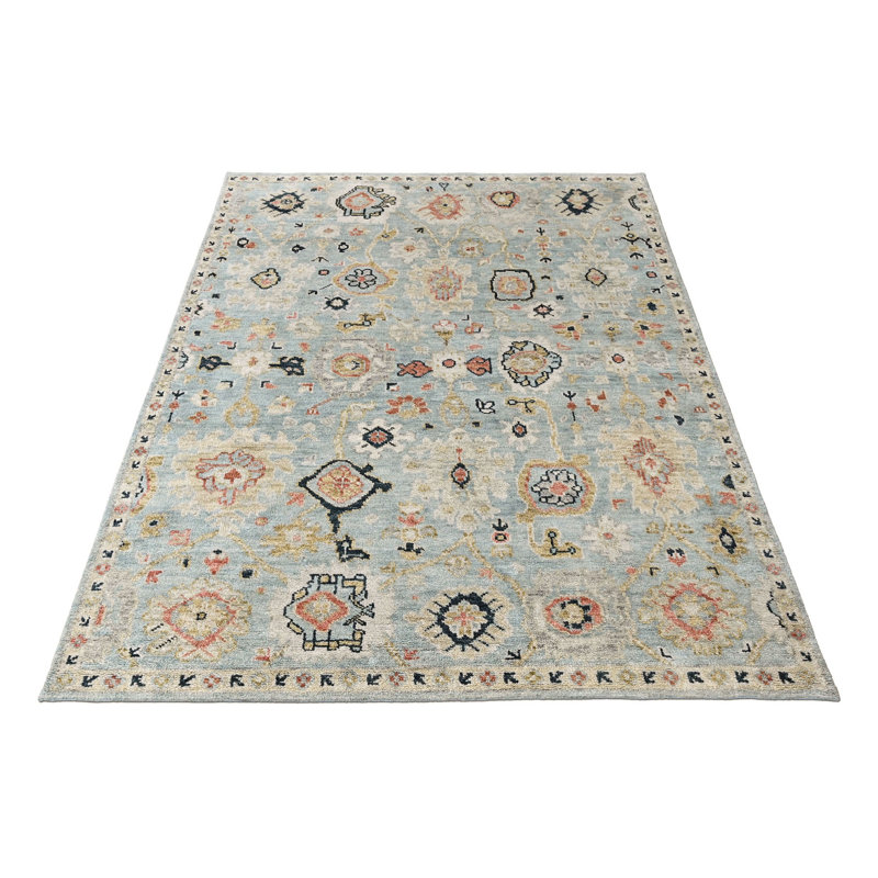 Tapis transitionnel bleu en laine noué à la main 8 pi 1 po x 9 pi 11 po Oushak