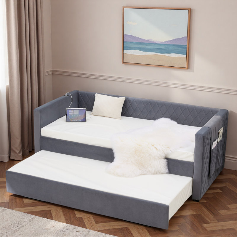 Diamond Grid Velvet Daybed With Usb Charging, Side Pocket And Trundle, Gray