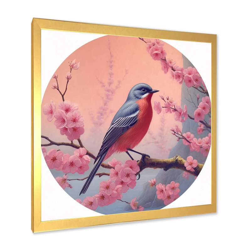 Geai bleu sur cerisier en fleurs III, H 30 po x l 30 po x P 1 po, Cadre doré à une seule photo