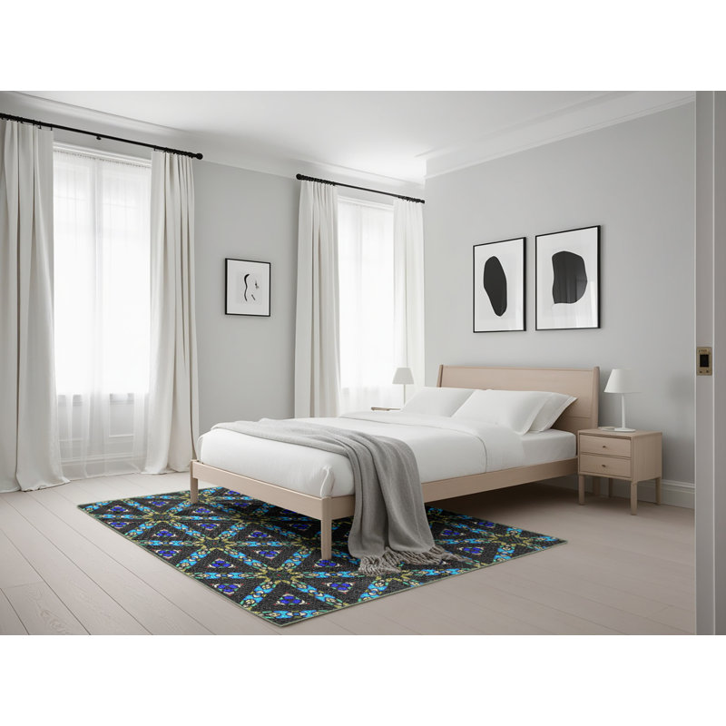 Tapis bleu/vert/mauve à motif de zone mauve, Rectangle 5 pi x 7 pi