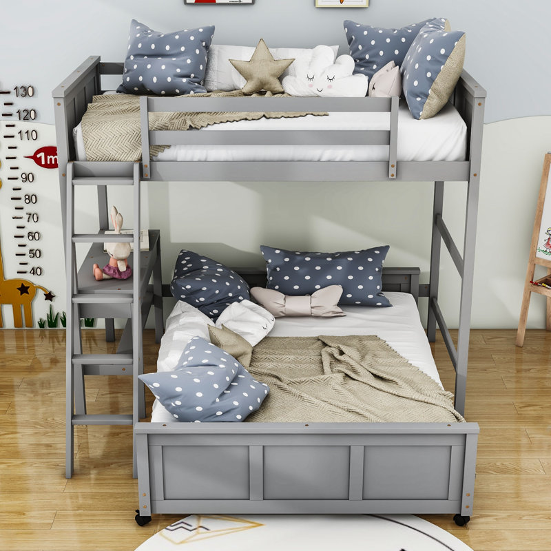 Jakavious Kids Bunk Bed with Drawers, Twin Over Full, Gray