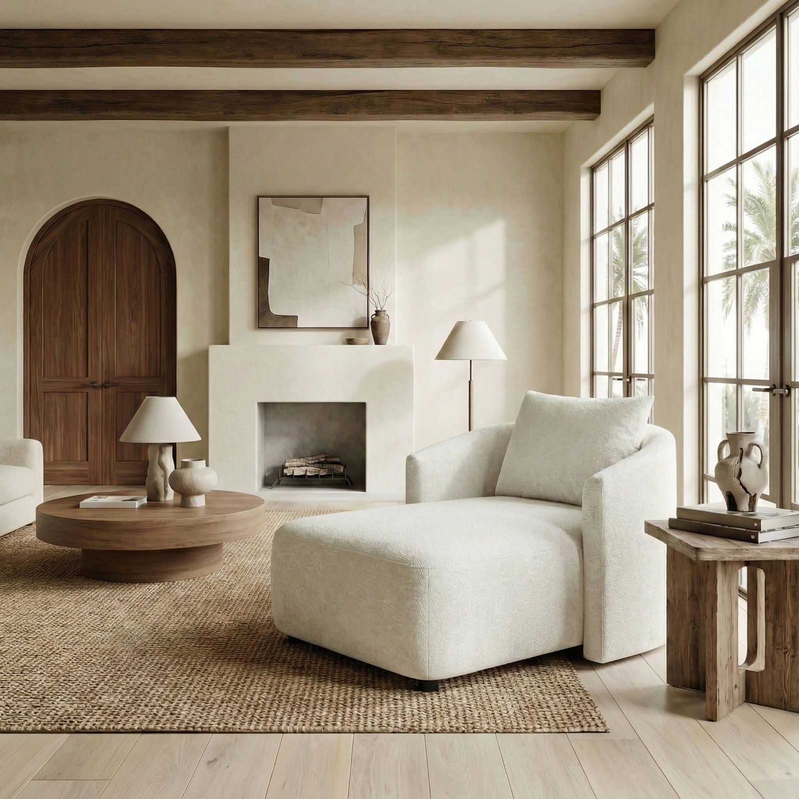 Chenille Chaise Lounge, Ecru Performance Chenille