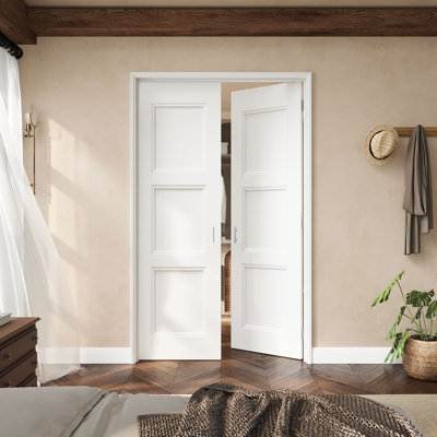 48" X 80" 3-Panel French Door With Silver Hinges, Solid Core Door Slab With Frame, French Interior Door As Pantry Door, Bedroom Door, Laundry Door, Closet Doors, Room Doors, Ball Catch & Door Handle Included