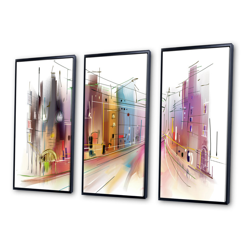 Road In City Art - 3 pièces, cadre flottant, impression sur toile, L 36 po x H 28 po, Cadre noir