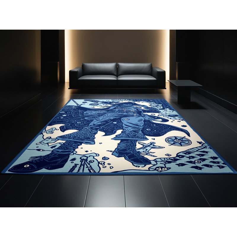 Tapis bleu moelleux moelleux à motif de blocs et de bleus marine, 8 x 10