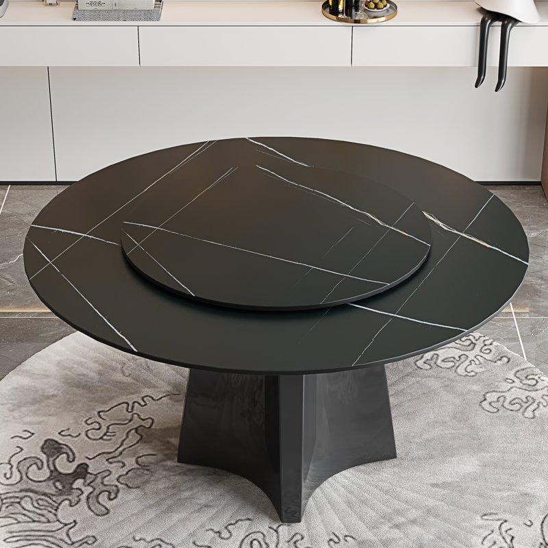 Modern 51'' Round Sintered Stone Dining Table With Lazy Susan And Steel Base For 4-6, Lauren Black Gold
