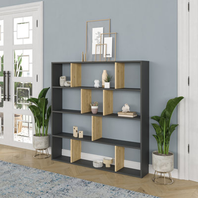 Modern Anthracite w/ Oak Bookshelf, 57.1 x 9.8 x 57.1 inches | 100% Melamine Coated Particle Board, Thickness: 0.7 inches | Numerous Shelves, Wall-Mountable Design | Stylish Scandinavian Furniture for Home w/ Office