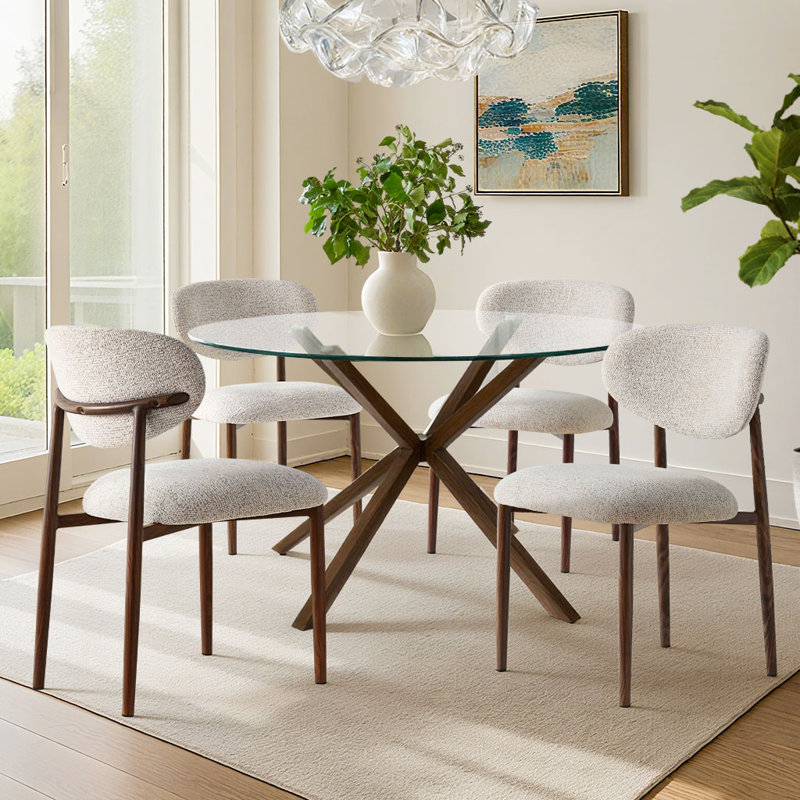 Ensemble de salle à manger 5 pièces en verre rond avec table au fini noyer et 4 chaises d'appoint rembourrées, Blanc