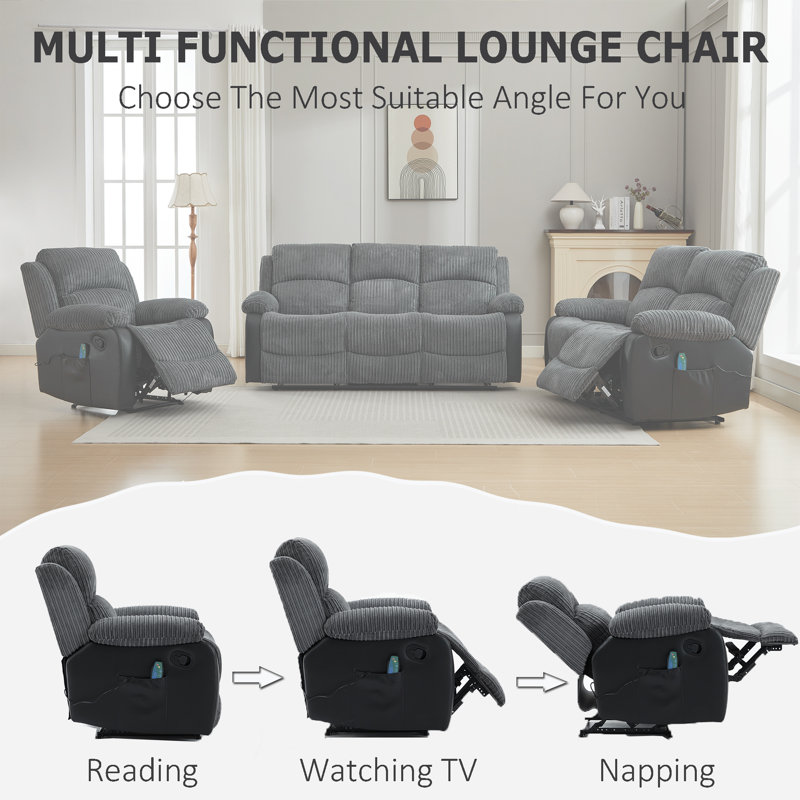 Corduroy Massage Manual Reclining Sofa Suite