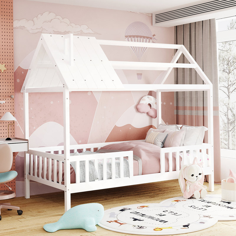 Lit en bois avec clôture Wood House, Blanc