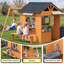 Maisonnette extérieure en bois pour enfants avec balançoire, bac à sable, cuisine et coin goûter pour des jeux actifs dans le jardin
