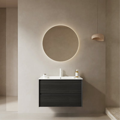 Meuble-lavabo de salle de bain 30 po avec lavabo, armoire de rangement murale en contreplaqué flottant mural avec 2 tiroirs, lavabo en céramique blanche préassemblé, couleur grain de bois chêne foncé