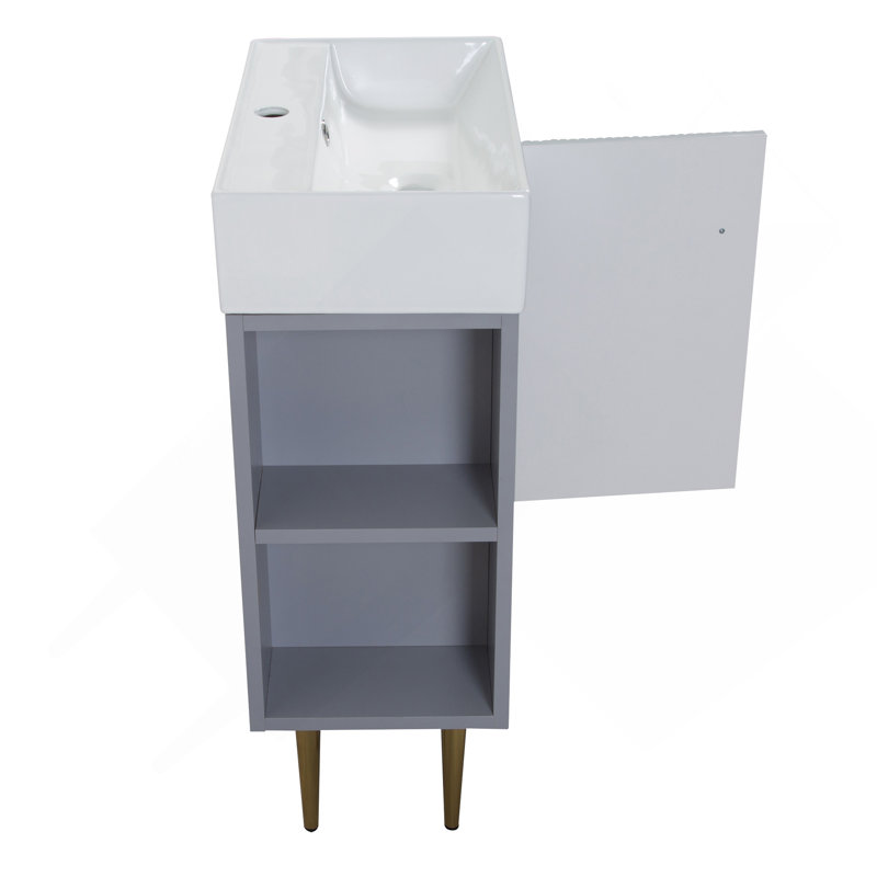 Meuble-lavabo à tablettes ouvertes de 21,6 po avec évier en céramique et porte à fermeture douce, armoire de rangement à tablettes ouvertes sur le côté gauche, assemblage requis