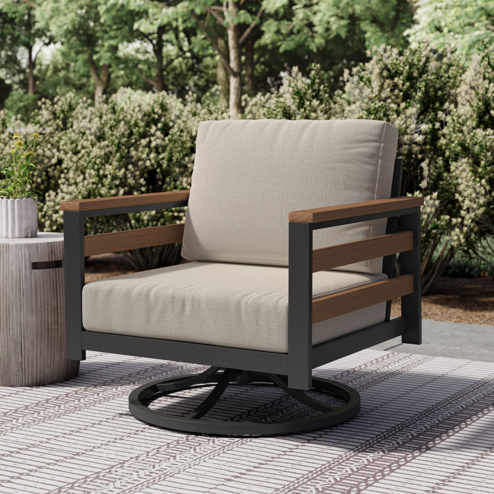 Townsend Metal Outdoor Swivel Rocking Chair with Sunbrella® Cushion, Cast Silver, Brown