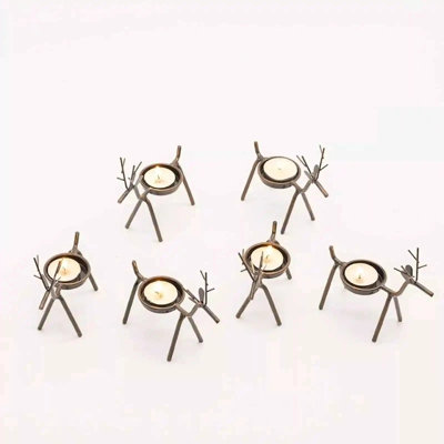 Rustic Metal Reindeer Tea Light Holders - Set of 6
