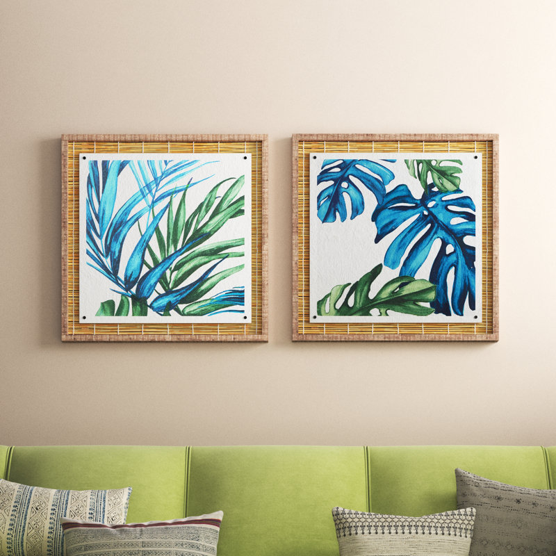 Blue and Green Abstract Leaf Wall Art with Brown Wood Frame, Set of 2