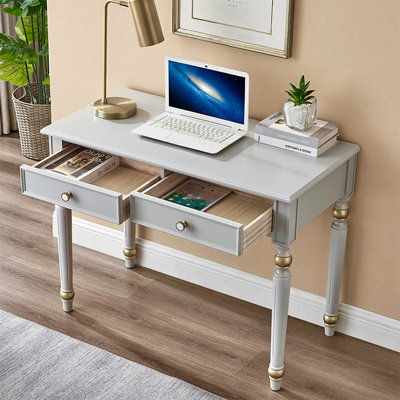 Bureau d'écriture rectangulaire en bois massif gris avec tiroirs