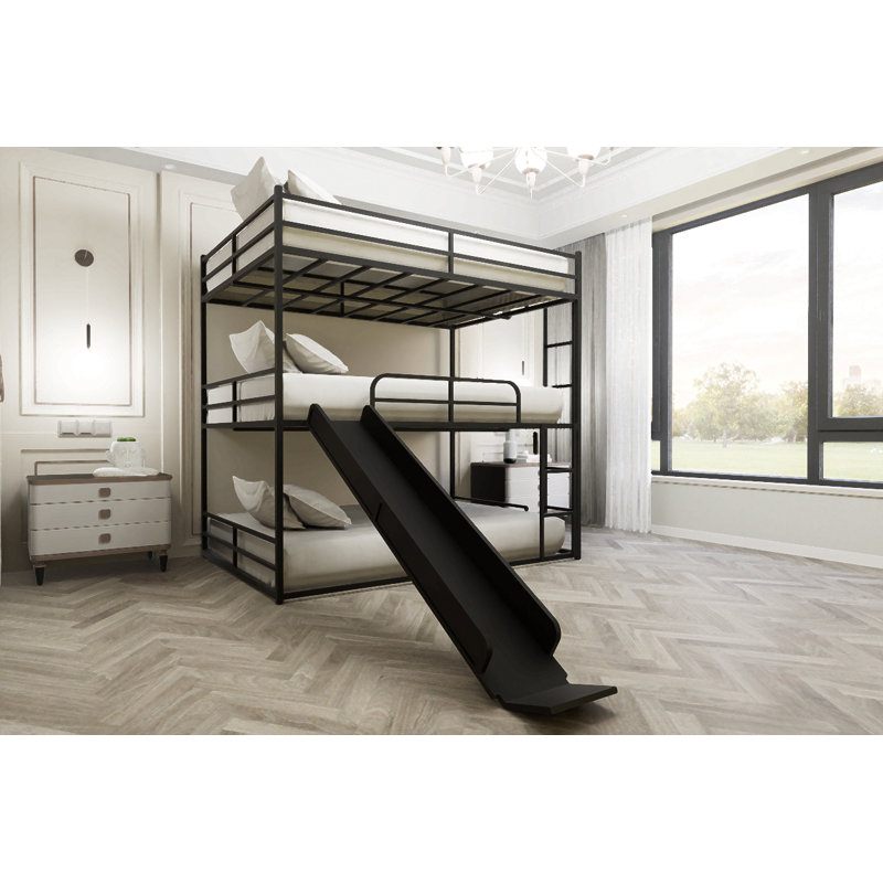 Metal Full Size Loft Bed With Slide And Ladder,  Black