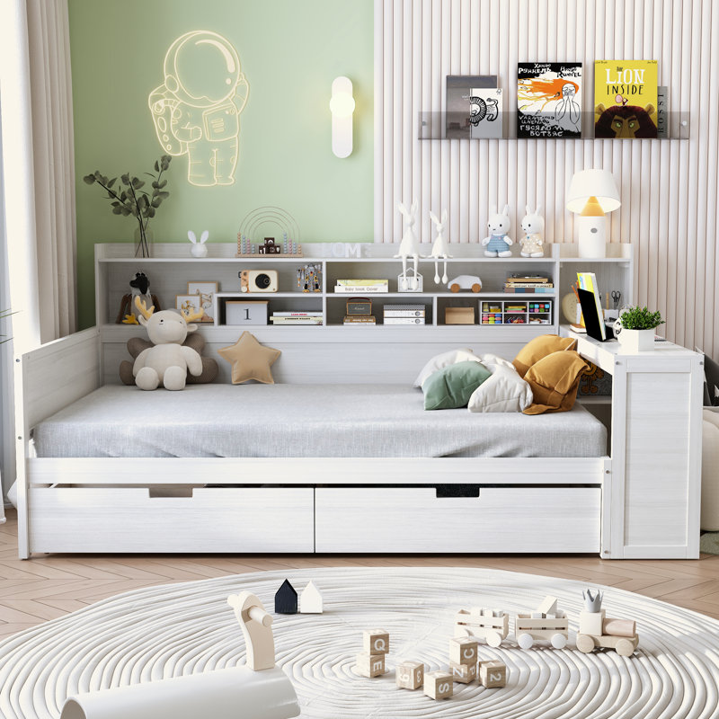 Wooden Daybed With Storage Shelves, Multi-Functional Bed With Two Storage Drawers And  Study Desk, Antique White
