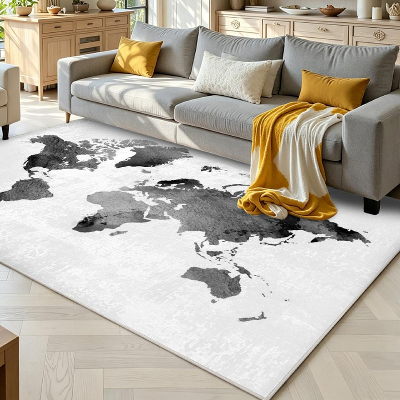 Tapis noir noir lavable à la machine et carte du monde rétro blanc, Rectangle 71" x 98"